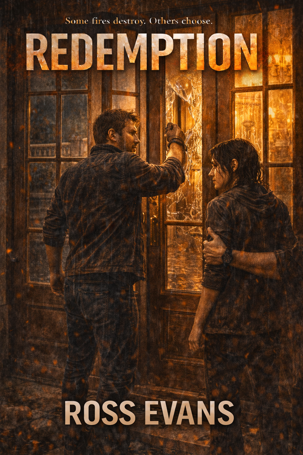 Freya, Steve, and Jack outside the French doors as Steve forces entry in the rain.